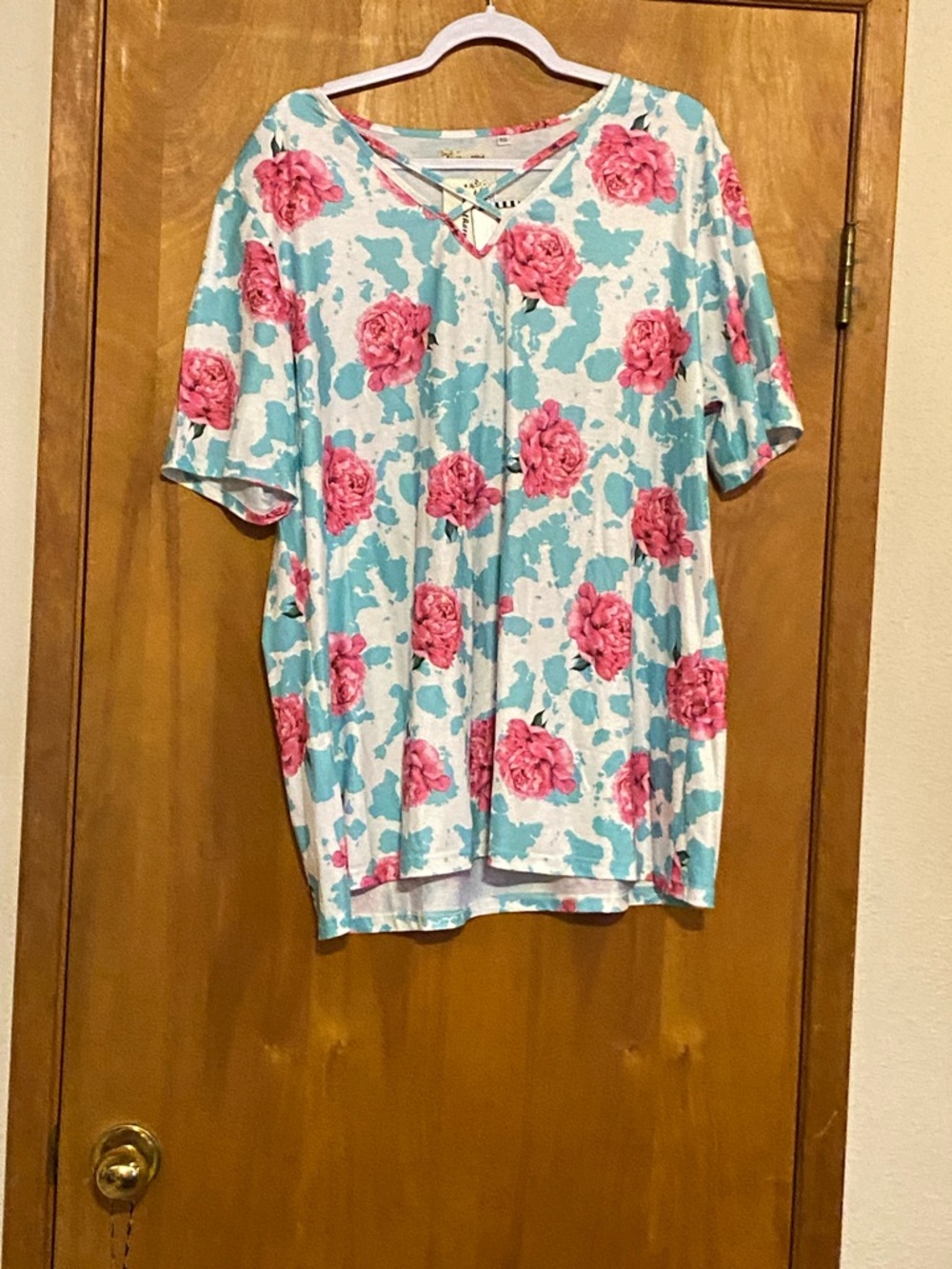 Floral V-Neck Short Sleeve Blouse - Pink & Aqua